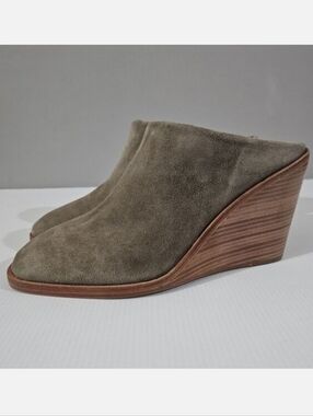 Joie Breana Wedge Heel Mule Womens 10 Taupe Suede Chunky Open Back Slip On